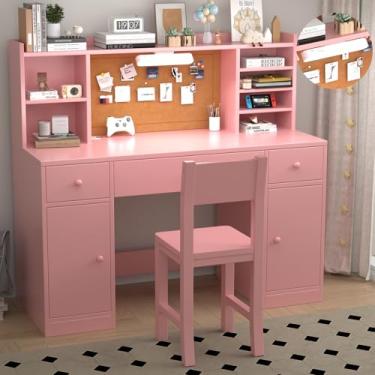 Imagem de RUPOLX Conjunto de mesa e cadeira de estudo infantil rosa de 122 x 50 cm com luz, 3 gavetas e 4 armários de armazenamento, mesa infantil com cabana e prateleiras, mesa de estudo de meninas para quarto