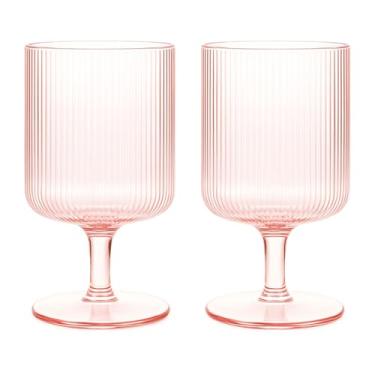Imagem de Khen Taças de vinho com haste rosa com textura ondulada | Conjunto de 2 | 300 ml Transparente Elegante Romântico Copos para Coquetel Rosé Vermelho Branco | Coleção Como | Copos Estéticos Vintage Bar