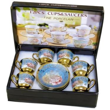 Imagem de 6 conjuntos de balde de porcelana de 85 g, xícara de café e pires, xícara de suco e panela de pires com caixa de presente, creme uniforme de leite, jarros de espuma de flores, utensílios de cerâmica