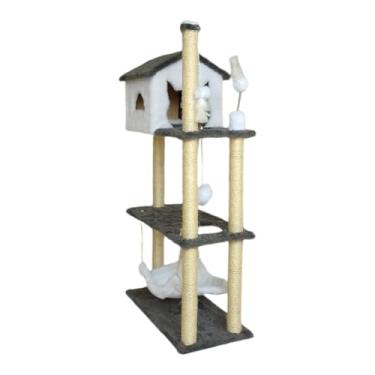 Imagem de Arranhador Para Gatos Casa Alta E Playground Plataformas Com Torre, Rede Grande, Poste Sisal, Brinquedo E Bola De PelúCia - Miupet(BRANCO)