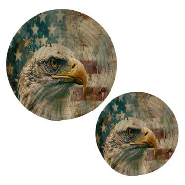 Imagem de Blueangle 2 peças de suporte de panela de trivet de águia careca - conjunto de pegadores de panela de tecido redondo - almofadas quentes trançadas de algodão - porta-copos - tapetes de mesa para