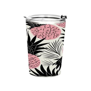Imagem de Blueangle Copo de 340 g com tampa e canudo, copo de café com água isolada a vácuo de aço inoxidável, caneca de viagem com padrão de abacaxi, copo térmico para bebidas quentes e frias (174)