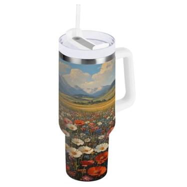 Imagem de ATTX Copo vintage de pintura a óleo de flores silvestres de 1,134 g com alça, copo de aço inoxidável a vácuo de parede dupla com palha, caneca de café de viagem isolada #80
