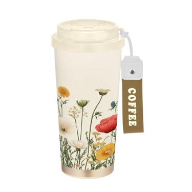 Imagem de SEHANY Caneca de viagem colorida de ervas silvestres de 500 ml Copos de café reutilizáveis revestidos de cerâmica com tampa à prova de vazamento, parede dupla, isolamento a vácuo, copo de café de aço