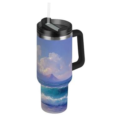 Imagem de Blueangle Copo de pintura a óleo do oceano tropical de 850 g com alça e tampa de palha, caneca de viagem de aço inoxidável isolada a vácuo de parede dupla, garrafa de água reutilizável para academia