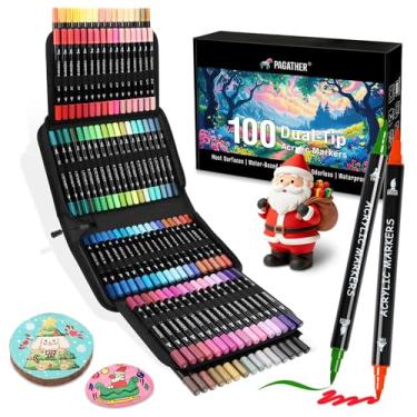 Imagem de Pagather Marcadores de tinta acrílica de 100 cores, ponta dupla com ponta fina e canetas de pincel para pedra, madeira, caligrafia, tela, cerâmica, metal, vidro, pintura rupestre, kit de materiais de