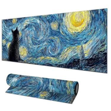 Imagem de HOMETITUTE Black Cat XL Mouse Pad 31,5 x 11,8 polegadas Gaming Mousepad Diatomite teclado grande mouse pad para casa e escritório acessórios de mesa com céu noturno redemoinho gato silhueta arte