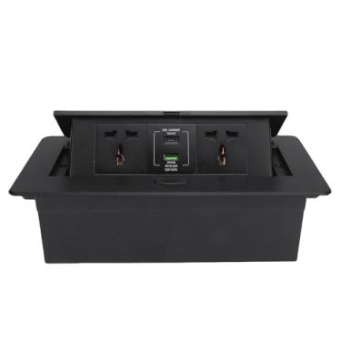 Imagem de Cryfokt Faixa de Energia Pop-up de Mesa Pop-up Lento à Prova de Alta Temperatura para Sala de Conferências, Escritório, Sala de Aula Multimídia Liga de Alumínio Preta, 1xUSB A 1xType C Portas