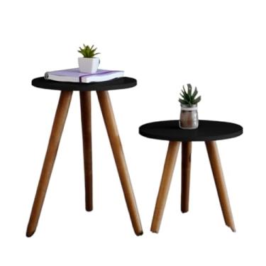 Imagem de Conjunto De Mesinhas Canto E Apoio Pe Palito Madeira Tripe Porta Quadros E Objetos Branco Ou Preto(Preto)