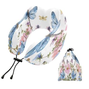 Imagem de CEBUGI Travesseiros de viagem portáteis em forma de U, travesseiro de pescoço de espuma viscoelástica com trava de corda ajustável para avião, viagem, trem, negócios, escritório, soneca (flor de