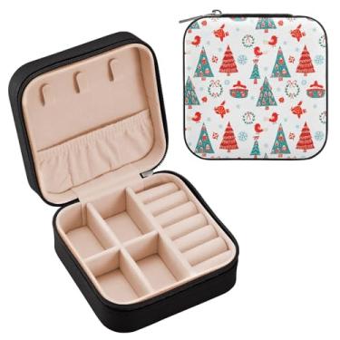 Imagem de Wassud Estojo de joias de viagem com tema natalino para mulheres, meninas, senhoras, noiva, mini organizador de joias de couro PU, caixa quadrada de armazenamento de joias para brincos, anéis, colar e