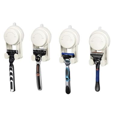 Imagem de Blissfuhue Pacote com 2 suportes para barbeadores sem perfuração no chuveiro, suporte autoadesivo à prova d'água, ganchos, toalha, bucha, organizador de barbeador para parede de banheiro, ABS durável