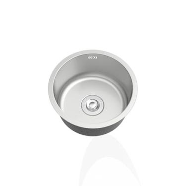 Imagem de PVXMQFFA Mini pia de cozinha pequena de aço inoxidável 304 - tigela única redonda prateada com encaixes de escorredor e transbordamento para caravana, trailer, bar, restaurante - Montagem inferior e