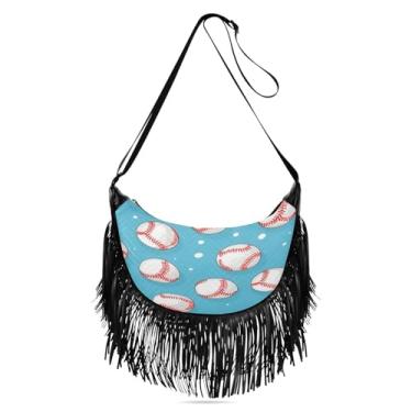 Imagem de CEBUGI Bolsa feminina transversal com franjas, borla, fundo de bolas de beisebol, bolsa de ombro Hobo, bolsa transversal com alças ajustáveis