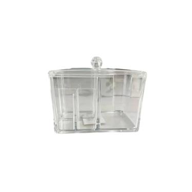 Imagem de Porta Algodão Multiuso Transparente com Tampa e Divisórias, Plástico, 10x10.5x14.5cm, Organizador para Banheiro, Cozinha e Penteadeira