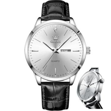 Imagem de OLEVS Relógios masculinos com pulseira de couro, vintage, clássico, fácil leitor, algarismos arábicos, quartzo, à prova d'água, data e dia, azul/preto/branco, mostrador grande, relógios de pulso