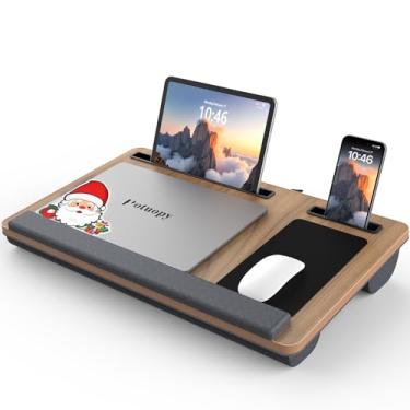Imagem de Potuopy Mesa de colo – Bandeja para laptop de até 43.2 cm com descanso de pulso, alça portátil, mouse pad fixo, compartimentos para tablet e telefone, suporte de laptop para cama com almofada (grão de
