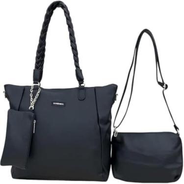 Imagem de Kit 3 Peças Bolsa Feminina com Alça Trançada, Couro Sintético, Preta, Inclui Bolsa Grande, Bolsa Transversal e Necessaire