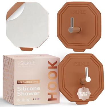 Imagem de SILKLE Ganchos de chuveiro adesivos de silicone - ganchos de parede adesivos e suporte de toalha para banheiro, azulejo, vidro, sem perfuração, à prova d'água e à prova de ferrugem, aço inoxidável