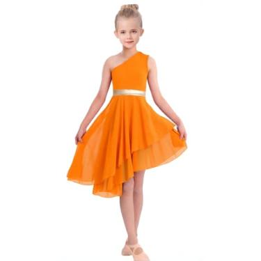 Imagem de ORIDOOR Fantasia de dança de louvor de ombro oblíquo para meninas, cerimônia de adoração irregular de metal dança lírica, 02 - laranja, 7-8 Anos