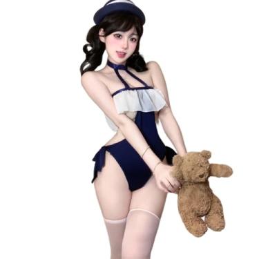 Imagem de QNCLO Macacão feminino cosplay japonês anime lingerie sexy biquíni sexy Lolita macacão lingerie peça única (azul)