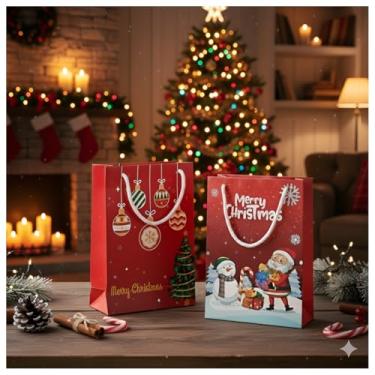 Imagem de zig zag Sacos de presente de Natal (pacote com 12 peças) Ideal para presentes de crianças, lembrancinhas de festa e celebração de Natal, pequenos sacos de transporte 29 x 15 cm com alça de linha