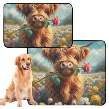 Imagem de TSENQUE Almofadas de xixi laváveis para animais de estimação Highland Cow Bezerro floral primavera almofada reutilizável para cães tapete de cercadinho impermeável para cães, médio + grande, conjunto