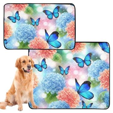 Imagem de Almofadas de xixi laváveis para animais de estimação, azul, hortênsias azuis, borboletas, reutilizáveis, absorventes para filhotes de cachorro, tapete impermeável, fofo, médio + grande, conjunto de 2