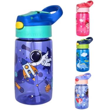 Imagem de Garrafinha Infantil 450ml Anti Vazamento Com Canudo Retrátil, Alça e Trava Escola Passeio Garrafa (Azul Astronauta)