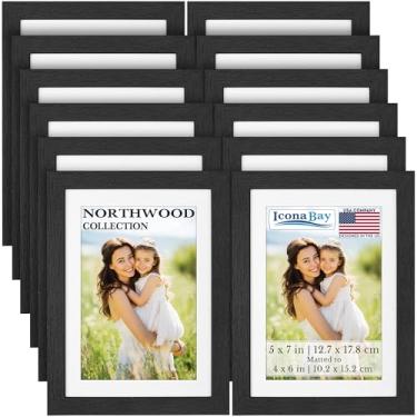 Imagem de Icona Bay - Molduras para fotos 12 x 17 cm com tapete removível para fotos de 10 x 15 cm - Bálsamo preto, pacote com 12 - estilo moderno de grão de madeira com folha de capa à prova de estilhaçamento