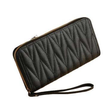 Imagem de Carteira feminina de couro genuíno com dobra dupla/tripla - Suporte minimalista para cartão de crédito com bloqueio de RFID e bolso para moedas, Preto, Casual