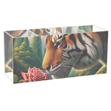 Imagem de TSENQUE Suporte de lápis de mesa fofo personalizado com estampa de animal Tiger Sniffs Rose Office Art Caddy acrílico lápis pincel de maquiagem copo