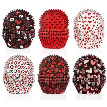 Imagem de 600 peças de forros de cupcake para Dia dos Namorados, vermelho, rosa, preto, coração, XOXO, tamanho padrão, formas de muffin, formas de panificação para decorações de festa, decoração de mesa