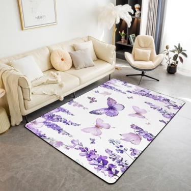 Imagem de jejeloiu Tapete de borboleta voadora para sala de estar, flores violetas, 7 x 12 cm, para crianças, meninos, meninas, roxo, borboleta, casa de fazenda, tapete de chão interno