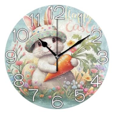 Imagem de Relógio de parede analógico decorativo escritório cozinha relógio divertido alimentado por bateria, decoração moderna de meados do século arte Páscoa coelho fofo colorido, 25 cm, ponteiros pretos