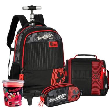 Imagem de Kit Mochila Rodinha Enaldinho Juvenil Escolar Carrinho 360 Notebook (preta) com lancheira e estojo e slime