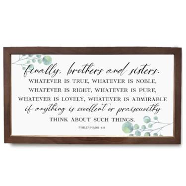 Imagem de Placa de madeira cristã, Filipenses 4:8, arte de parede emoldurada, decoração religiosa, placas de família para decoração de casa, decoração de parede de arte cristã, decoração de casa de fazenda para