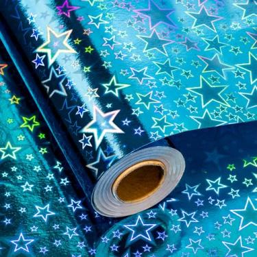 Imagem de Merture Rolo de papel de embrulho holográfico azul, design de estrela gradiente prata brilhante, embalagem para presente de aniversário, chá de bebê, Natal, casamento - 46,5 pés quadrados