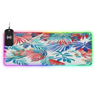 Imagem de CEBUGI Tropical Leaves Mouse Pad de carregamento sem fio 15W Tapete de mouse rápido para jogos com iluminação LED RGB 14 para jogos, PC, laptop, mesa 90,9 x 39,9 cm
