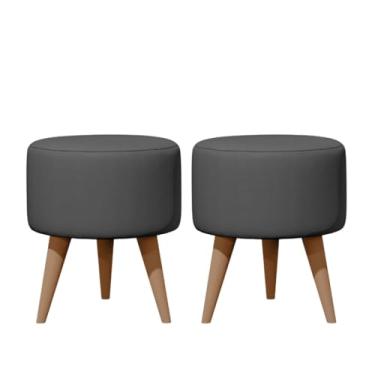 Imagem de Puff Redondo com Pés de Madeira, Conjunto de 2, Estofado em Tecido Bege, Banqueta Moderna (02 CINZA)
