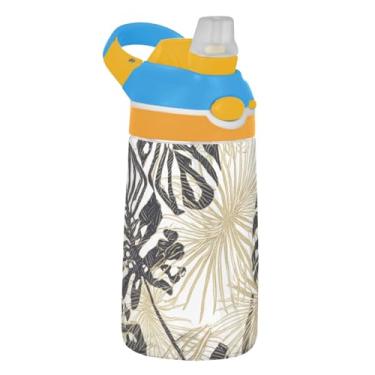 Imagem de Garrafa de água tropical infantil preta dourada com folha de palmeira para escola, 473 ml Tritan 473 ml, garrafa de água esportiva com canudo, copo infantil portátil à prova de vazamento, alça de
