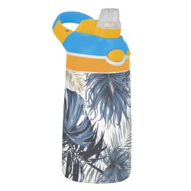 Imagem de Garrafa de água Tritan de 473 ml para crianças, reutilizável, garrafa de água de plástico de 473 ml com copo infantil portátil à prova de vazamento, alça de transporte, folhas tropicais azul pastel