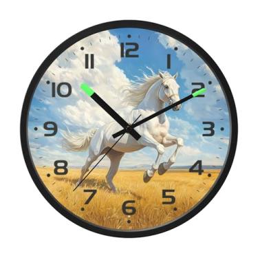 Imagem de SEHANY Relógio de parede artístico majestoso cavalos silencioso, sem tique-taque, relógio redondo operado por bateria, controle de som, luz noturna, relógios de parede para sala de estar, cozinha