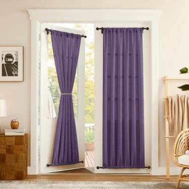 Imagem de Tollpiz Cortina de porta de linho, cortinas semitransparentes, cortinas de janela boho com bolso duplo para varão, 137 x 203 cm de comprimento, roxo royal, 1 painel