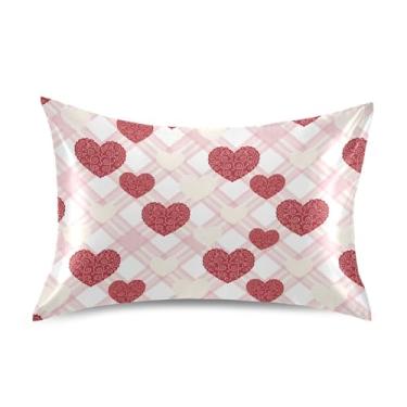 Imagem de Wassud Fronhas de cetim xadrez para o dia dos namorados em camadas de coração para cabelo e pele fronhas de seda lisa tamanho padrão capas de travesseiro respiráveis com fecho de envelope