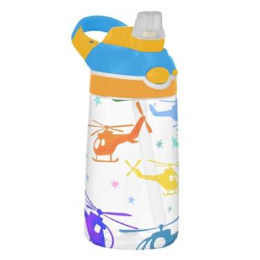 Imagem de Garrafa de água infantil colorida de helicóptero White Stars para escola, 473 ml Tritan 473 ml, garrafa de água esportiva com canudo, copo infantil à prova de vazamento, reutilizável, alça de