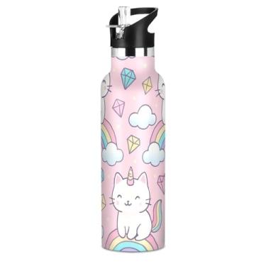 Imagem de Joisal Cute Unicorn Cats Rainbows Garrafa de água rosa para adolescentes e crianças, garrafas de água isoladas sem BPA, copos infantis de aço inoxidável com tampa de canudo para bebidas quentes ou