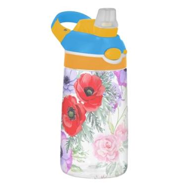 Imagem de Garrafa de água esportiva infantil de 473 ml com tampa de palha, garrafa de água reutilizável para escola, portátil, 473 ml, copo de viagem infantil Tritan, alça de transporte, flores coloridas em