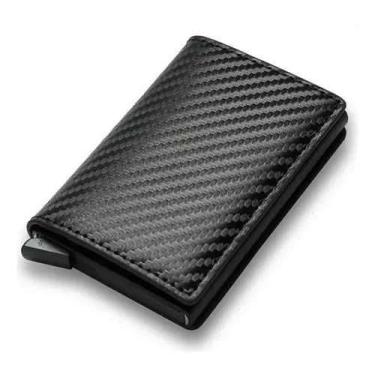 Imagem de Carteira Slim em Fibra de Carbono, Porta-Cartões Masculina com Proteção RFID, Design Moderno, Couro PU Preto, Ejeta cartão, Sistema Triplo de Organização