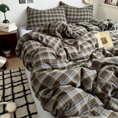 Imagem de MKXI Conjunto de edredom queen xadrez vintage – Conjunto de edredom geométrico de algodão lavado com laços de canto, leve e respirável em marrom/azul/verde, estilo chique gasto para todas as estações